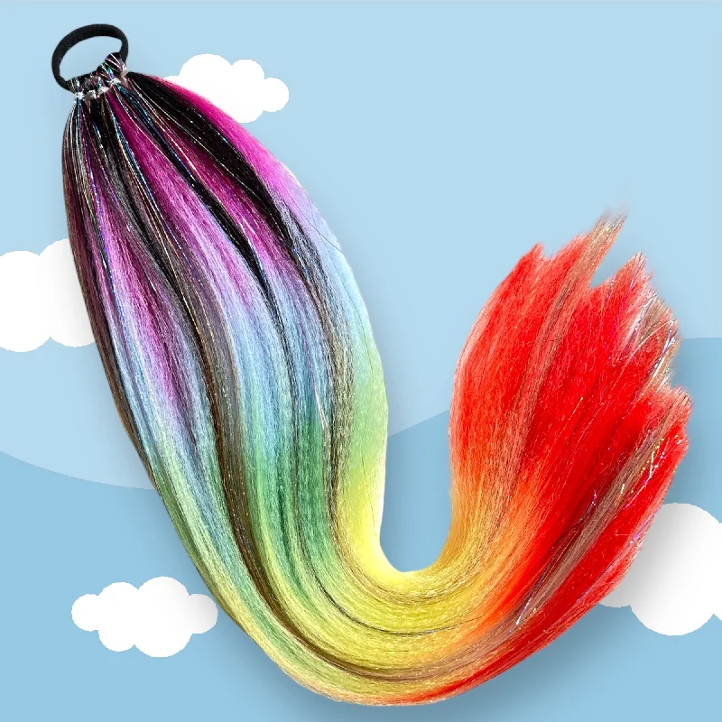 Ponytails made from recycled materials for an eco - friendly optionDouble Rainbow Shimmer Tail