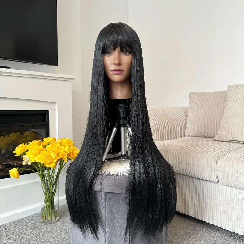 Adjustable - cap long - length wig for a comfortable fitSkai 34" Black Bangs Straight Silk Synthetic Hair Wig