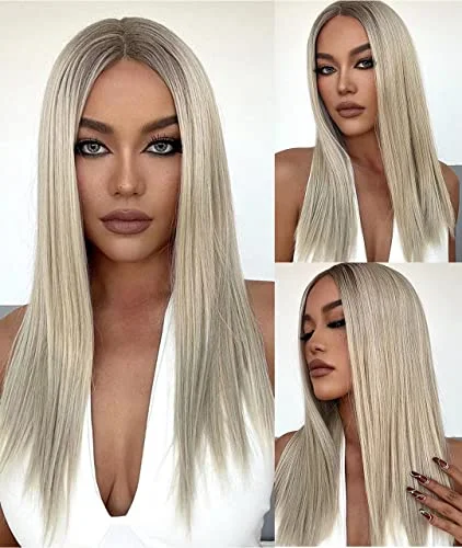 Long - length wig with a pre - bleached knot for a natural - looking scalpFaded Ombre Platinum Blonde Lace Front Wig