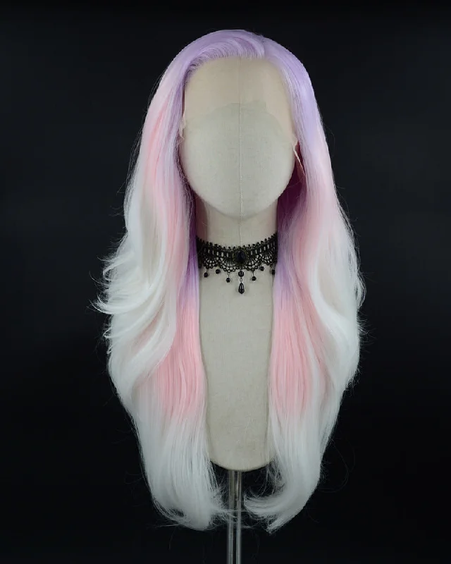 Synthetic long - length wig with a natural - looking textureGlow in the Dark Purple Ombre Pink White Synthetic Lace Front Wig WW451