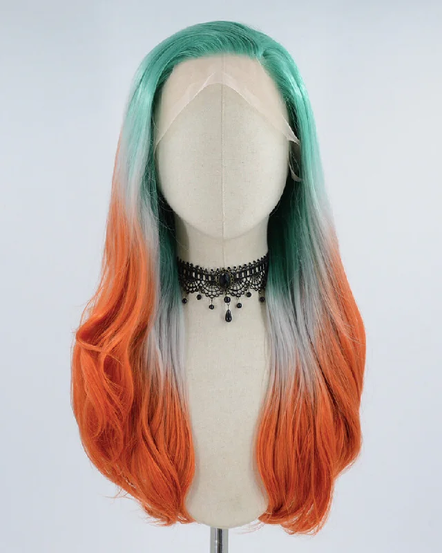 Long - length wig with a wispy fringe for a soft and feminine lookGreen Ombre Copper Orange Synthetic Lace Front Wig WW439