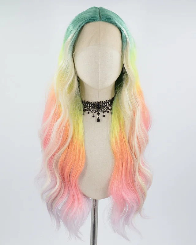 Long - length wig with a side - part for a more flattering lookGreen Ombre Rainbow Synthetic Lace Front Wig WW601