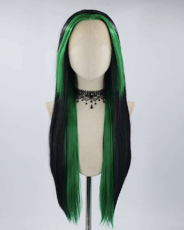 Human - hair long - length wig for a natural and luxurious feelGreen Streaked Black Long Straight Synthetic Lace Front Wig WT224