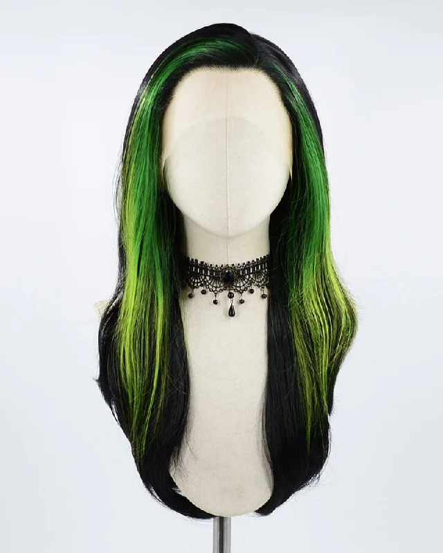 Long - length wig with a side - part for a more flattering lookGreen Streaked Black Synthetic Lace Front Wig WW503