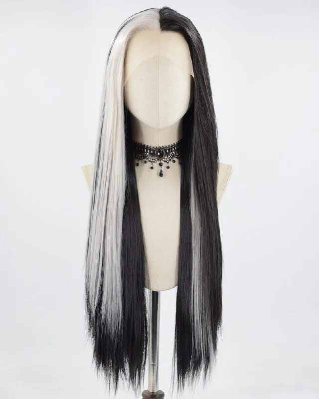 Long - length wig with a 220 - density for an extra - full appearanceGrey Black Long Straight Synthetic Lace Front Wig WW674