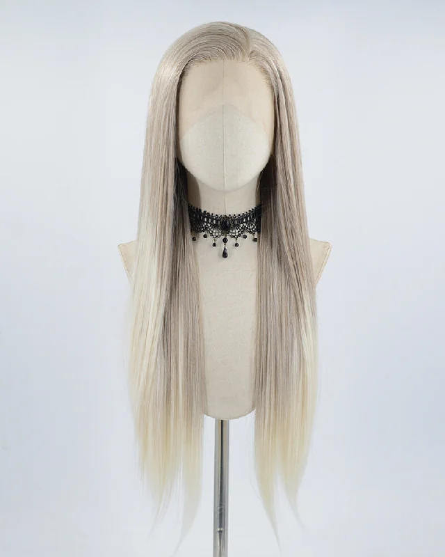 Long - length wig with a heat - resistant formula for easy styling at homeGrey Brown Ombre Blonde Synthetic Lace Front Wig WW528