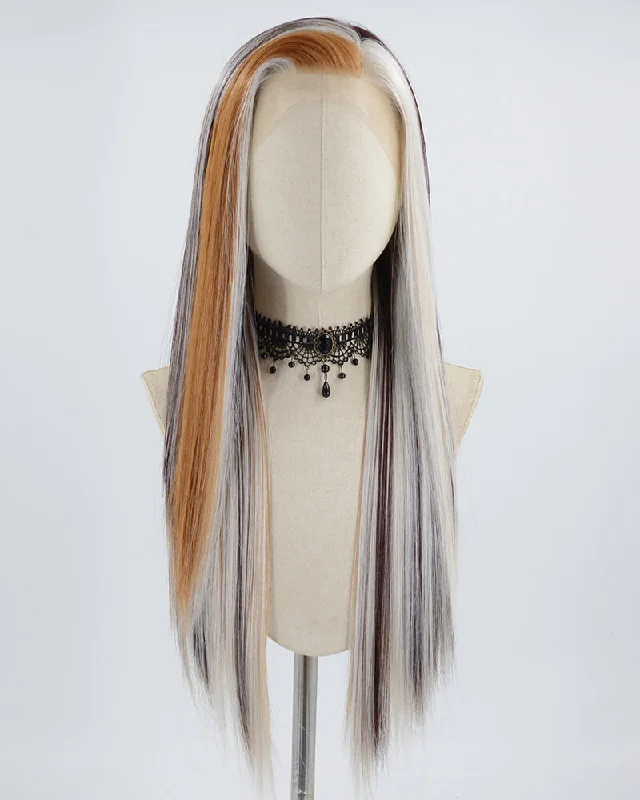 Long - length wig with a platinum - blonde color for a bold and trendy lookGrey Skunk Stripe Brown Black Straight Synthetic Lace Front Wig WW622