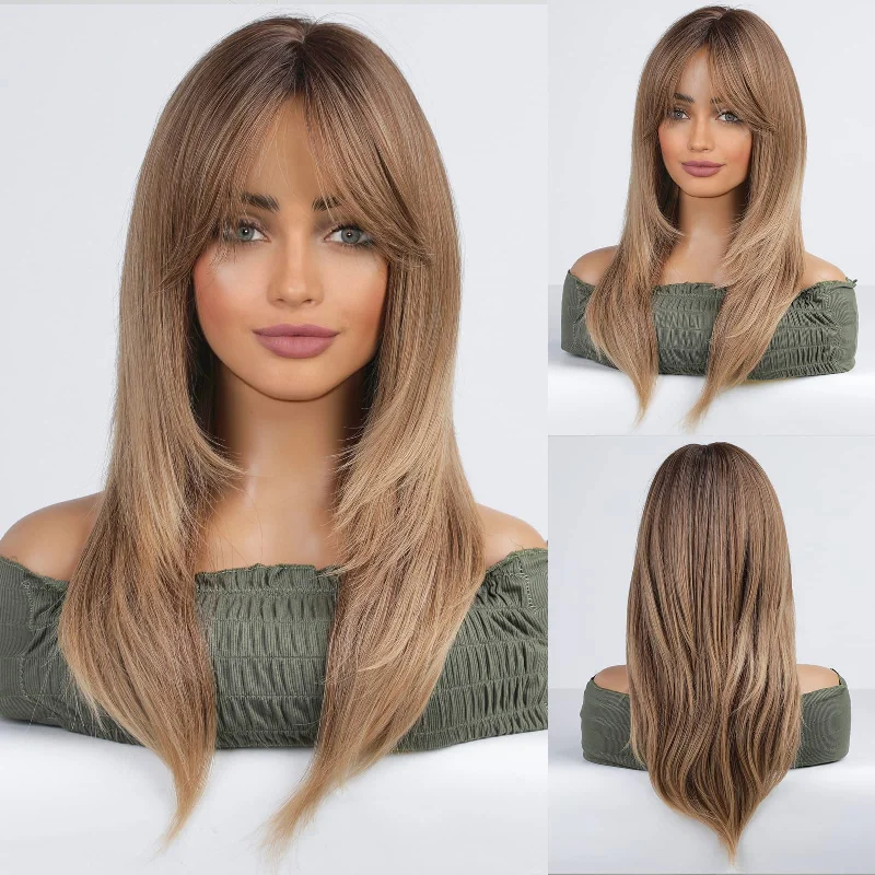 Long - length wig with a honey - blonde color for a warm and sunny appearanceHeat Resistant Long Light Brown Ombre Wigs