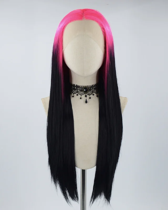 Long - length wig with a side - part for a more flattering lookHot Pink Ombre Black Straight Synthetic Lace Front Wig WW535