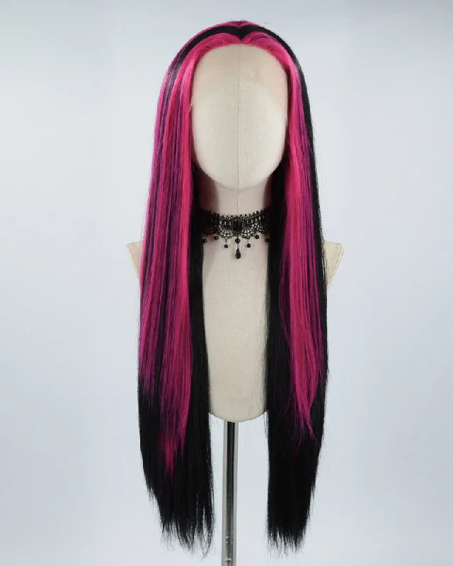 Long - length wig with a straight texture for a sleek and glamorous lookHot Pink Streaked Black Synthetic Lace Front Wig WW507