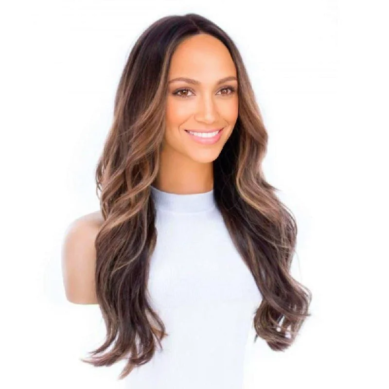 Long - length wig with a wavy texture for a beachy and romantic look24" Divine Luxe Lace Top Wig #Dark Brown w/ Caramel Balayage & Rooting