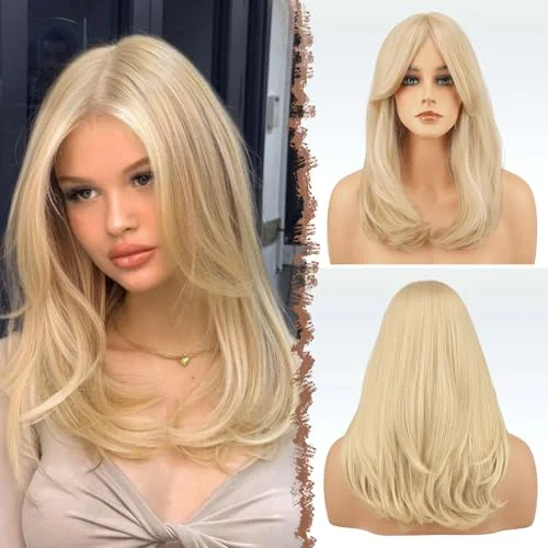 Long - length wig in a jet - black color for a classic appearanceLayered Straight Hair Blonde Wigs with Bangs