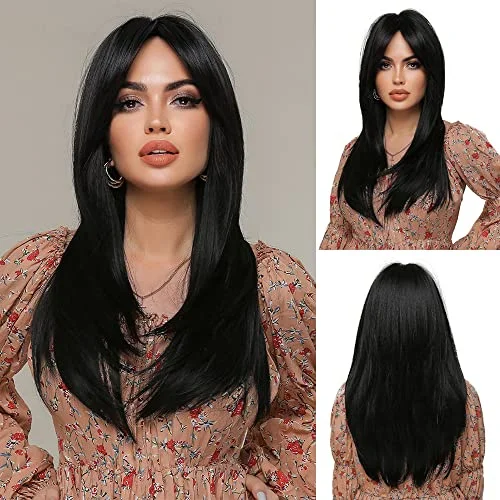 Human - hair long - length wig for a natural and luxurious feelLong Black Womens Synthetic Hair Wig