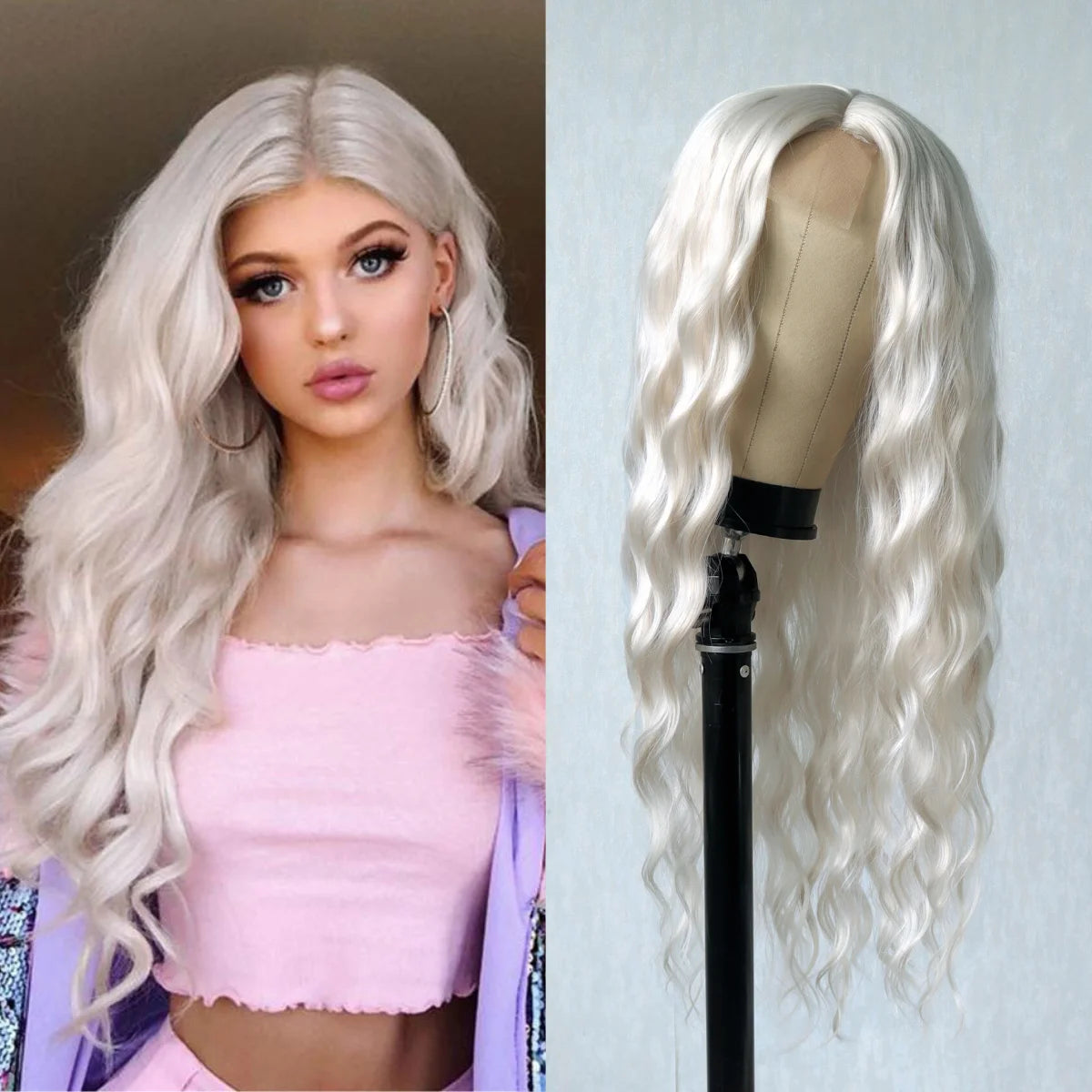 Long - length wig with a wavy texture for a beachy and romantic lookLong Body Wave Platinum Blonde Wig