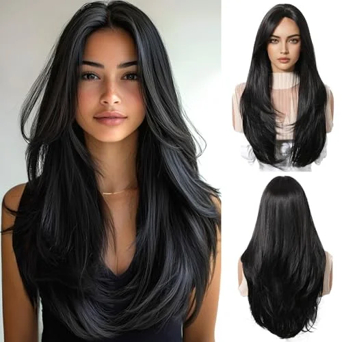 Long - length wig with a side - swept bang for a sophisticated lookLong Dark Black Layered Wig with Bangs