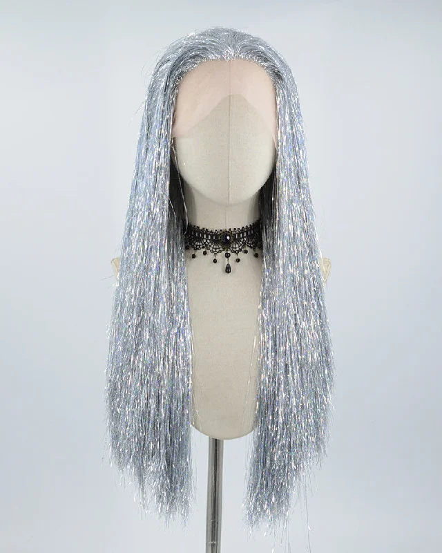 Long - length wig with a pre - bleached knot for a natural - looking scalpLong Grey Tinsel Synthetic Lace Front Wig WW514