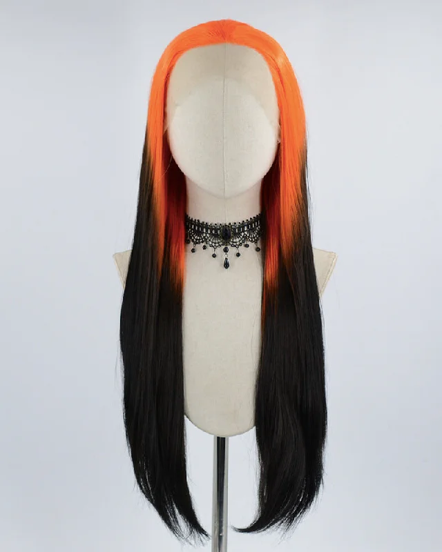 Long - length wig with a silk - base cap for a comfortable and smooth feelLong Orange Ombre Black Synthetic Lace Front Wig WW446