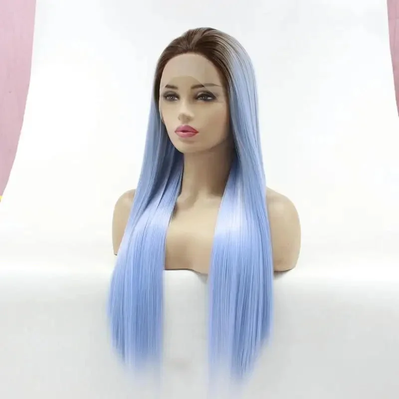 Long - length wig with a side - swept bang for a sophisticated lookLong Silky Straight Dark Rooted Wig