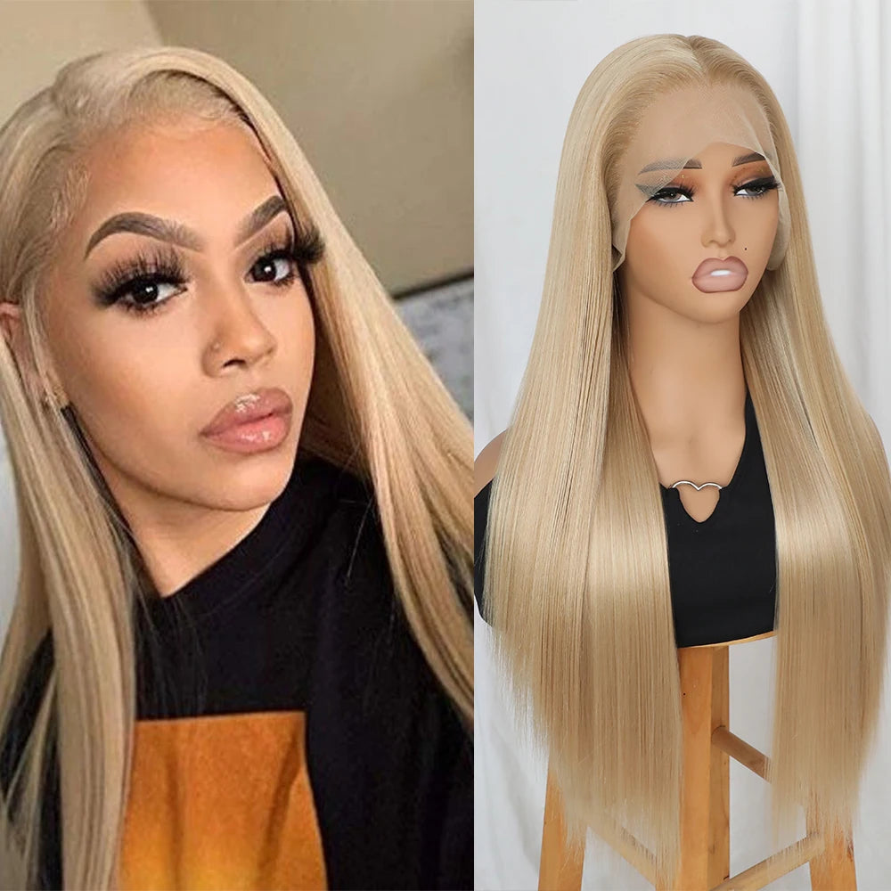 Long - length wig with a middle - part for a classic and elegant styleLong Silky Straight Glueless Natural Hairline Ash Blonde Wig