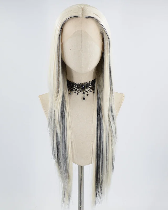 Long - length wig with a silk - base cap for a comfortable and smooth feelLong Straight Black White Blonde Synthetic Lace Front Wig WT238