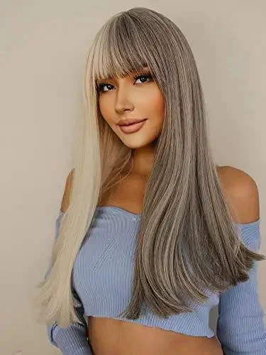 Long - length wig with a pre - plucked hairline for a more natural lookLong Straight Gray White Split Wig with Bangs