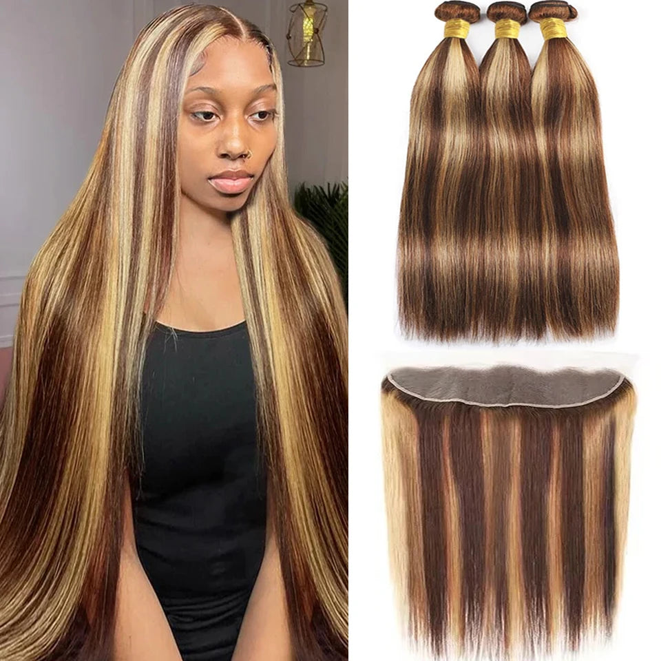 Long - length wig in a jet - black color for a classic appearanceLong Straight Ombre Human Hair Bundles With Frontal