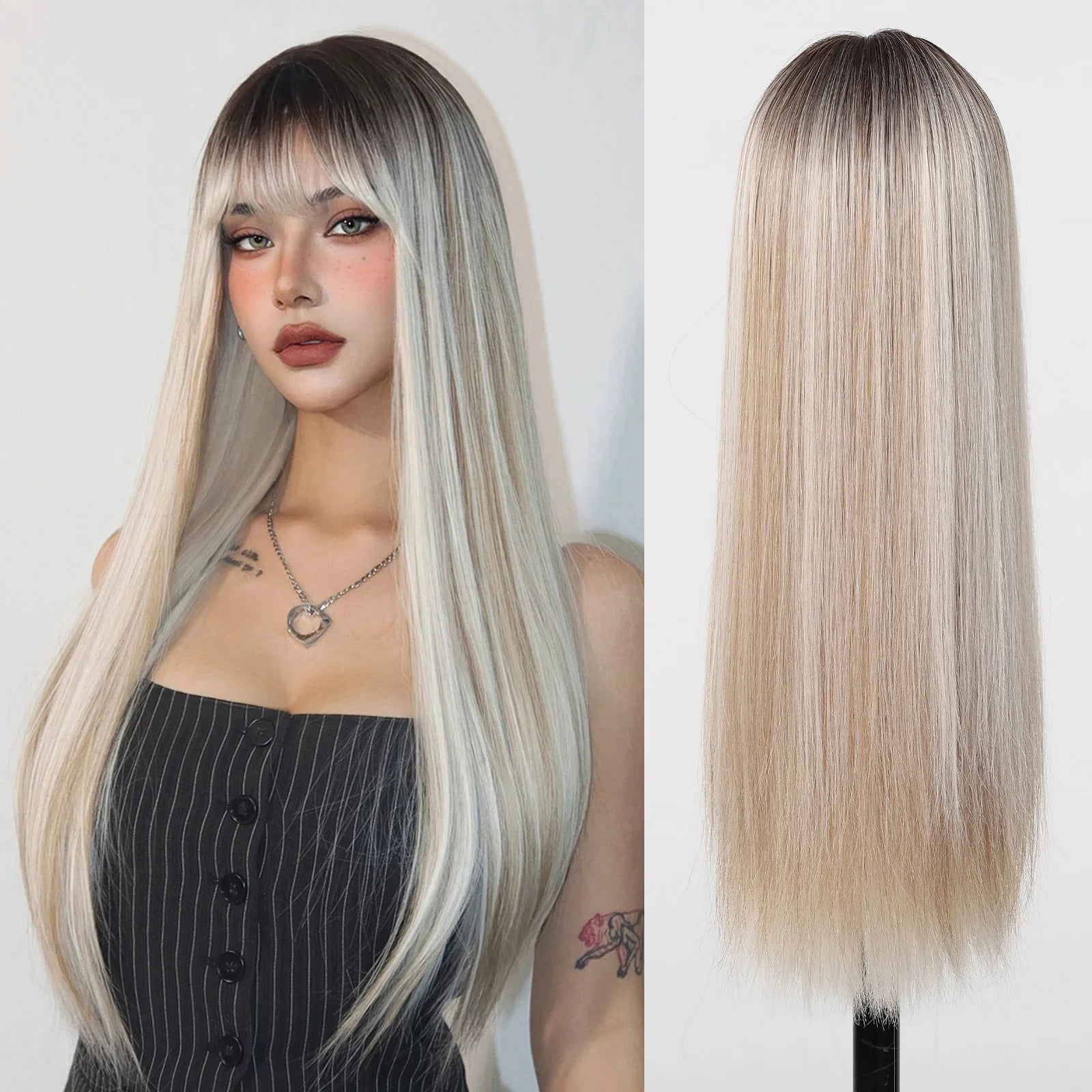 Human - hair long - length wig for a natural and luxurious feelLong Straight Platinum Wigs with Bangs