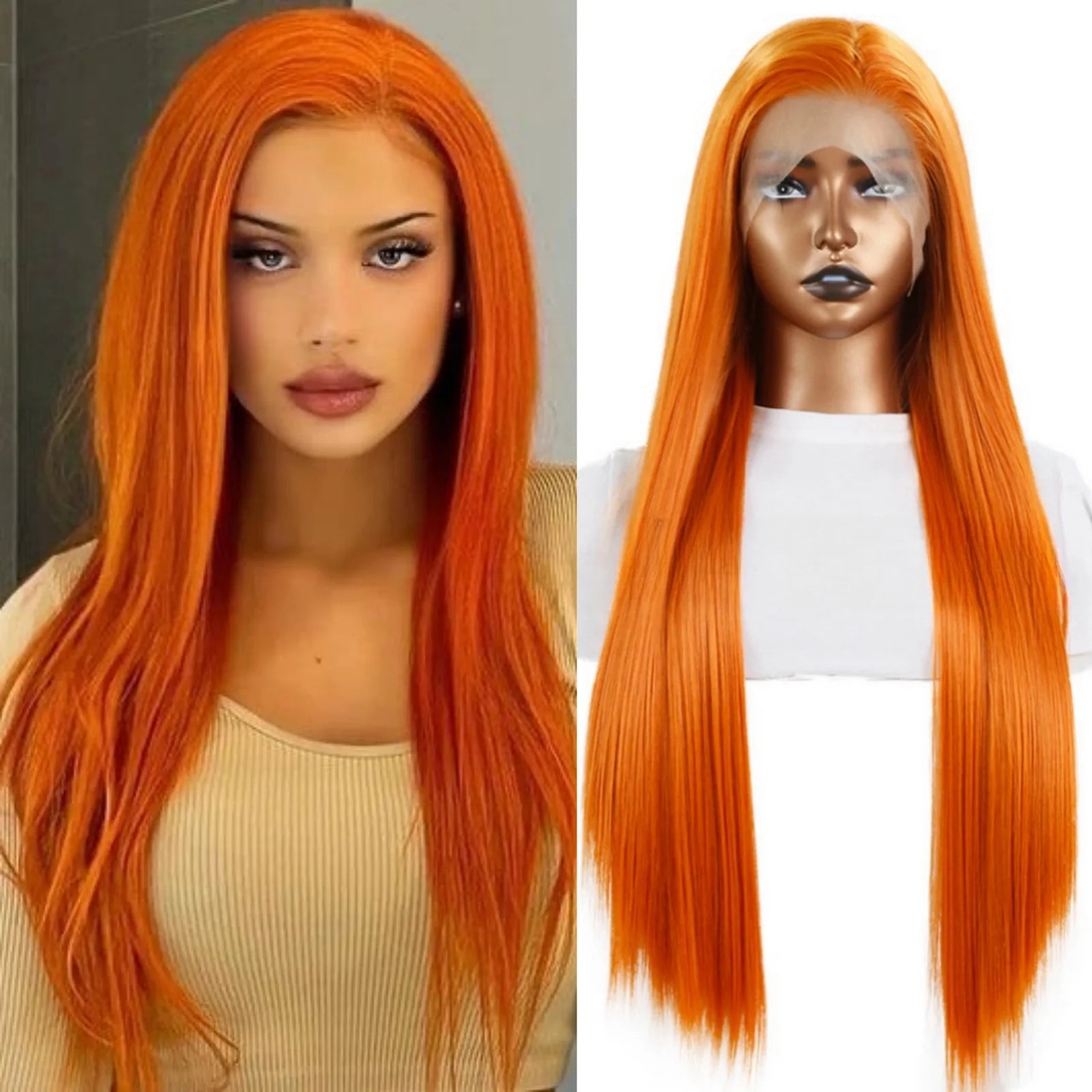 Long - length wig with a pre - plucked hairline for a more natural lookLong Straight Synthetic Lace Front Ginger Wig