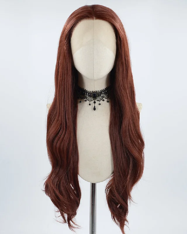 Long - length wig with a side - swept bang for a sophisticated lookLong Wavy Wine Red Synthetic Lace Front Wig WW544