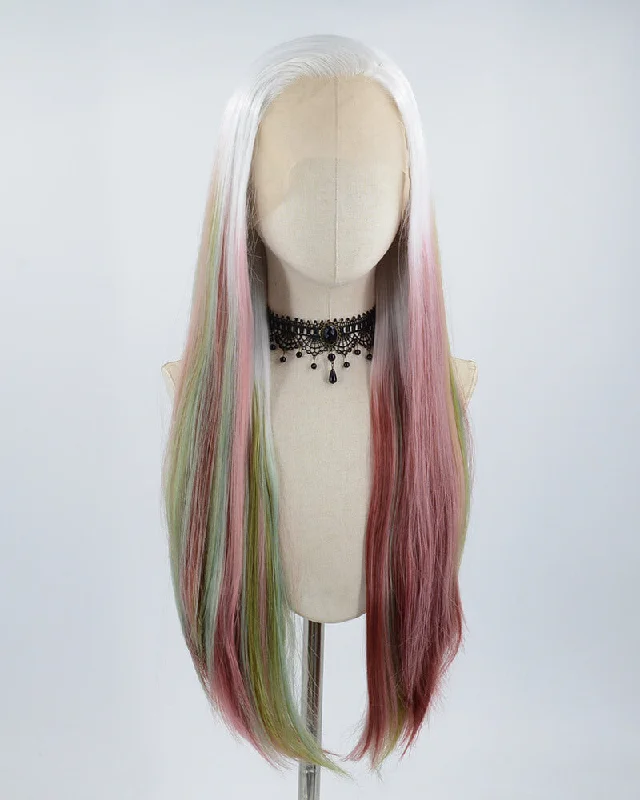 Long - length wig with a side - swept bang for a sophisticated lookLong White Ombre Colorful Synthetic Lace Front Wig WW516