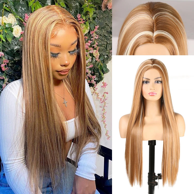 Long - length wig with a 220 - density for an extra - full appearanceMiddle Part Long Straight Hair Heat Resistant Ash Blonde Wig