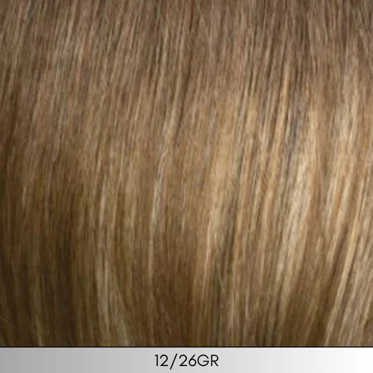 12/26GR - Light golden brown with light blonde + gold blonde highlights + medium brown roots