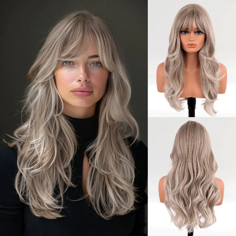 Long - length wig with a pre - plucked hairline for a more natural lookMixed Blonde Hair Wig with Full Bang