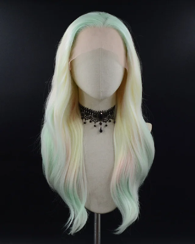 Long - length wig with a heat - resistant formula for easy styling at homeMixed Color Green Yellow Pink Synthetic Lace Front Wig WW459