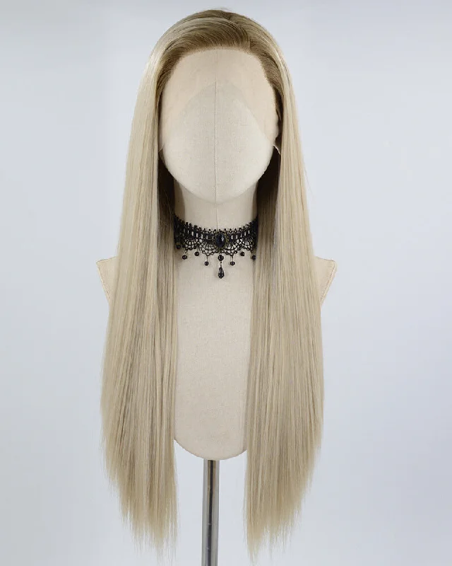 Long - length wig with a platinum - blonde color for a bold and trendy lookOmbre Ash Blonde Straight Synthetic Lace Front Wig WW648