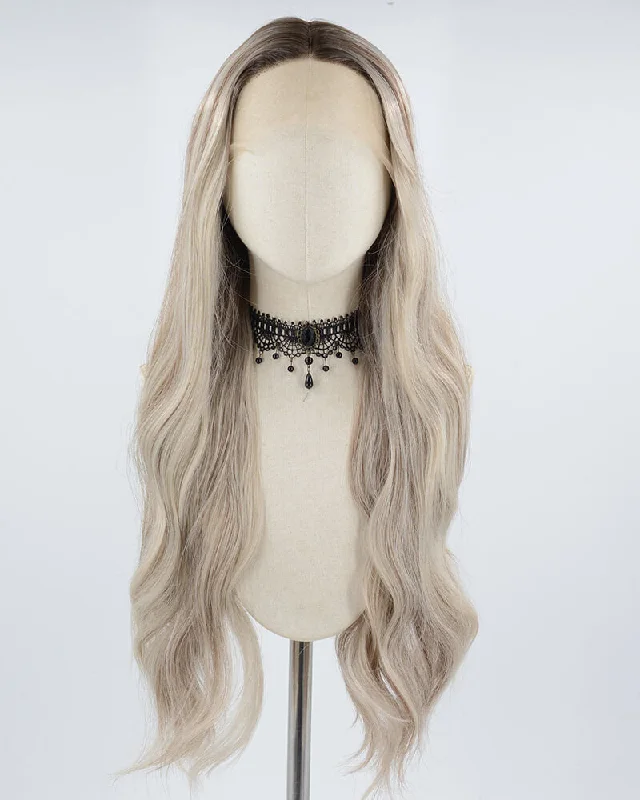 Long - length wig with a platinum - blonde color for a bold and trendy lookOmbre Grey Brown Synthetic Lace Front Wig WW603