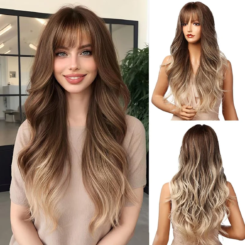 Long - length wig with a wavy texture for a beachy and romantic lookOmbre Mixed Brown Blonde Wigs 24"Long Heat Friendly Wig