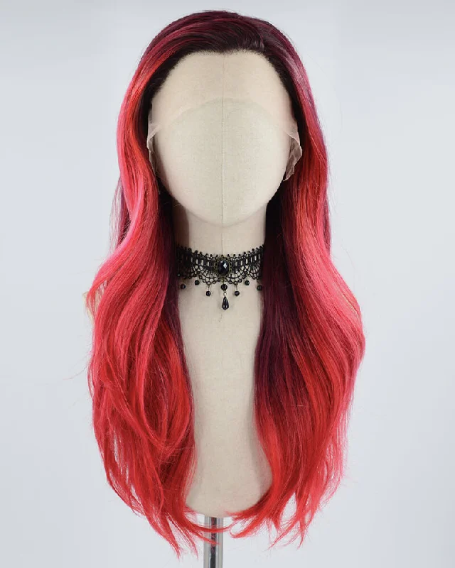 Long - length wig with a wavy texture for a beachy and romantic lookOmbre Red Synthetic Lace Front Wig WW598