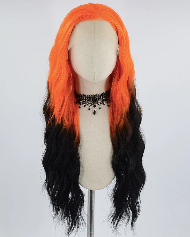 Long - length wig with a curly fringe for a playful and youthful vibeOrange Ombre Black Curly Synthetic Lace Front Wig WW616