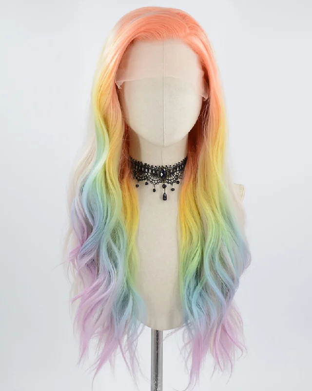 Long - length wig with a wispy fringe for a soft and feminine lookOrange Ombre Rainbow Synthetic Lace Front Wig WW569