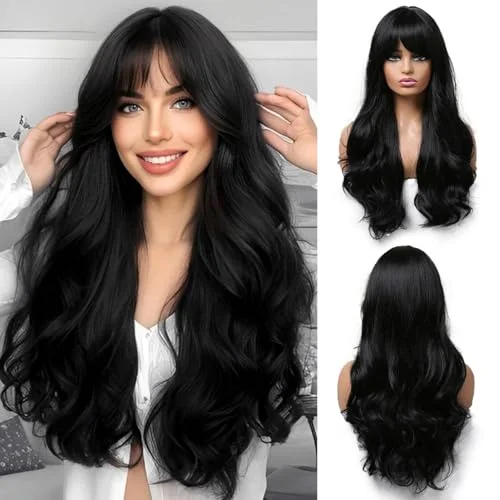 Long - length wig with a pre - plucked hairline for a more natural lookHeat Friendly Long Black Wig with Bangs