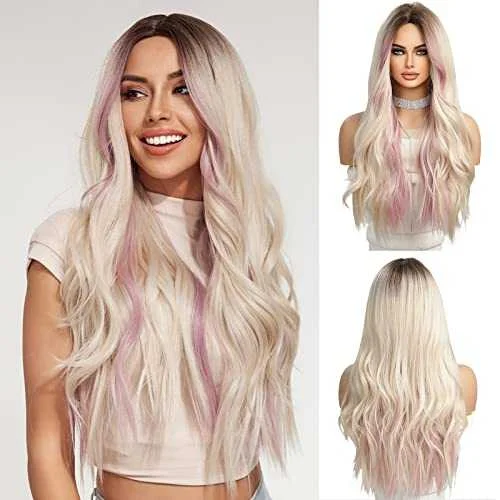 Long - length wig with a straight texture for a sleek and glamorous lookPink Heat Resistant Highlight Blonde Wigs