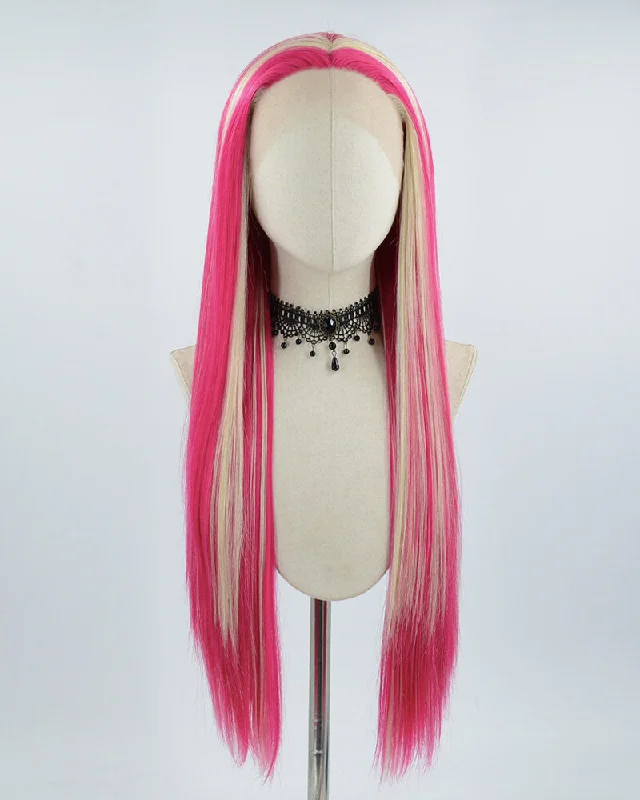 Long - length wig with a middle - part for a classic and elegant stylePink Streaked Blonde Synthetic Lace Front Wig WW522