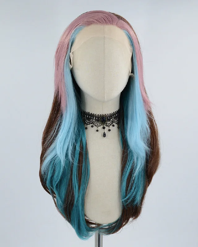 Long - length wig with a side - swept bang for a sophisticated lookPink Streaked Ombre Blue Brown Synthetic Lace Front Wig WW449