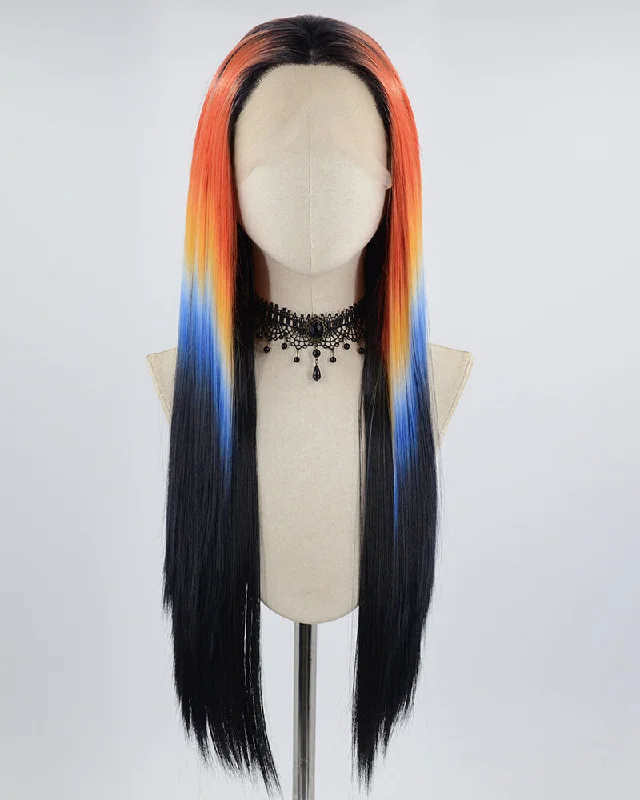 Long - length wig with a 220 - density for an extra - full appearanceRainbow Black Ombre Orange Blue Synthetic Lace Front Wig WW634