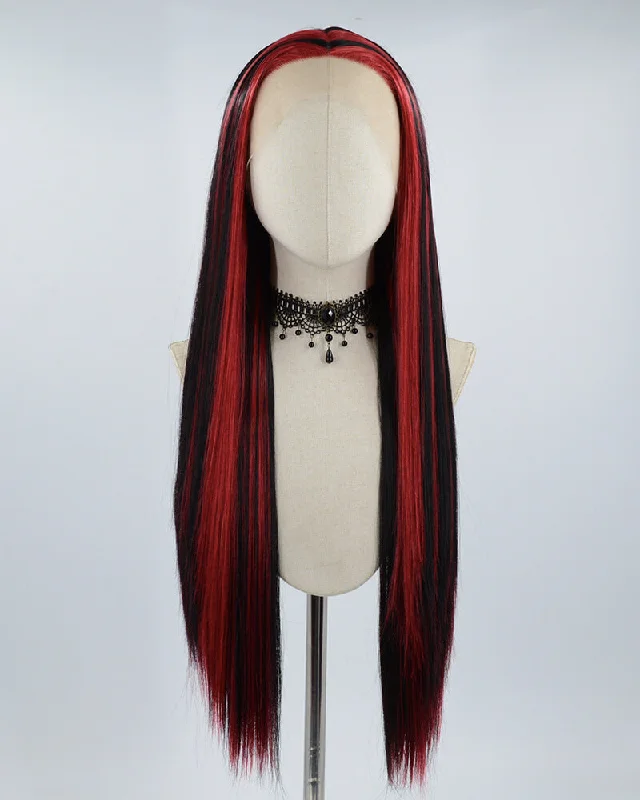 Long - length wig with a wispy fringe for a soft and feminine lookRed Streaked Black Synthetic Lace Front Wig WW511