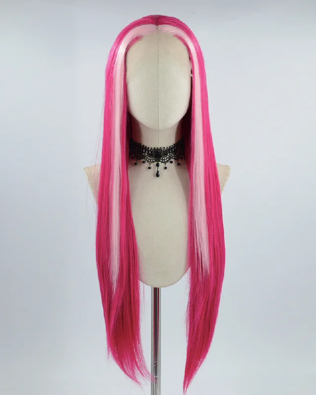 Long - length wig with a platinum - blonde color for a bold and trendy lookStraight Pink Streaked Long Synthetic Lace Front Wig WW542