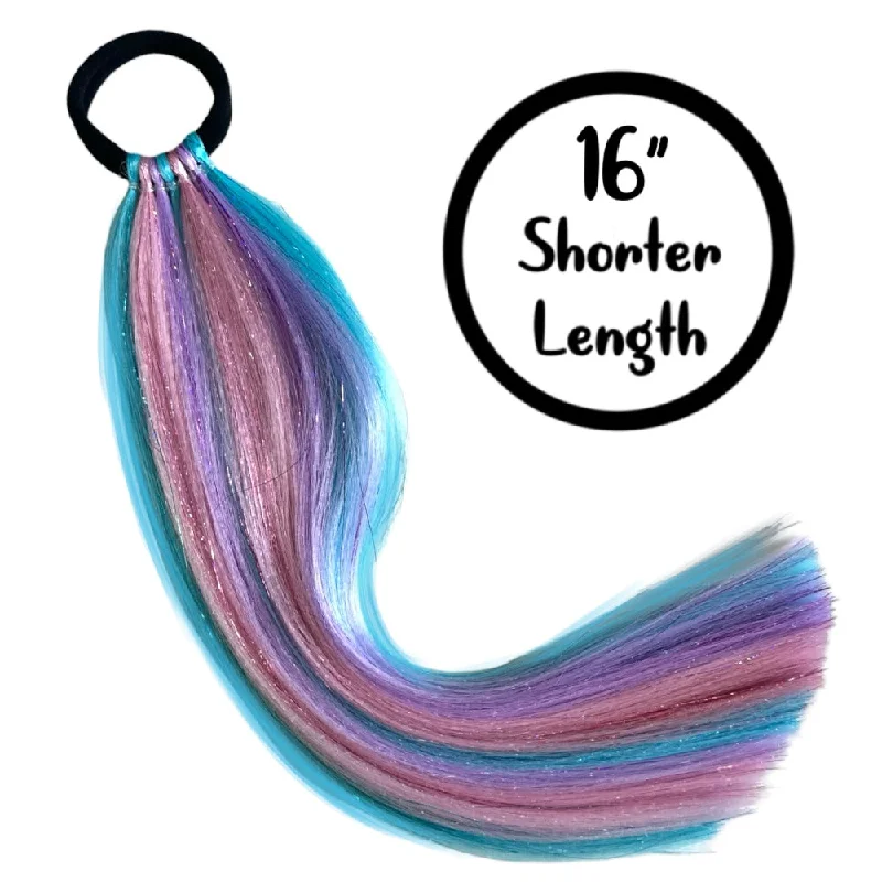 Ponytails with a pre - attached bow for a cute and girly lookUnicorn Swirl 16” Short Shimmer Tail