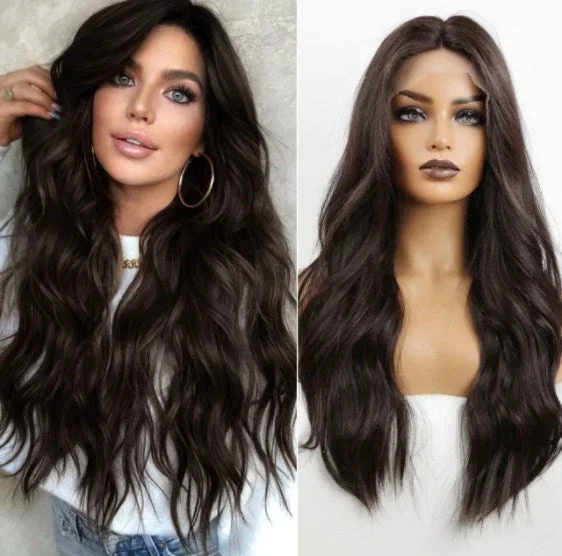 Long - length wig with a wavy texture for a beachy and romantic lookWavy Chocolate Brown Lace Front Wig