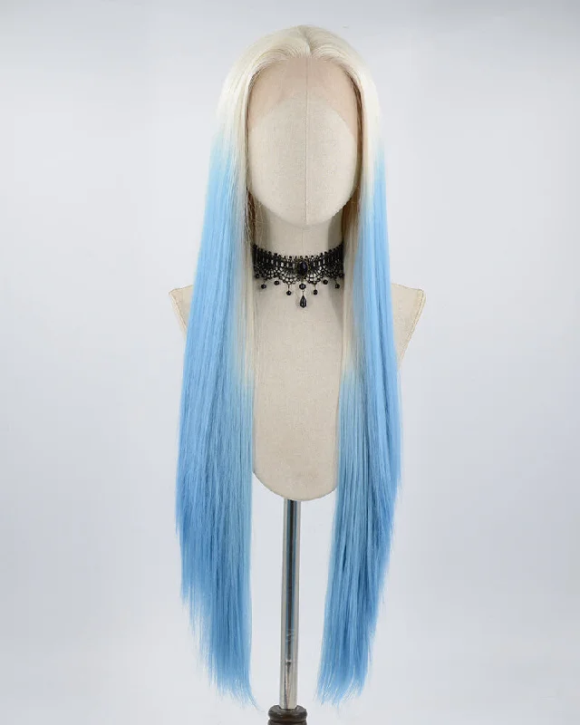 Adjustable - cap long - length wig for a comfortable fitWhite Blonde Ombre Blue Long Straight Synthetic Lace Front Wig WW506